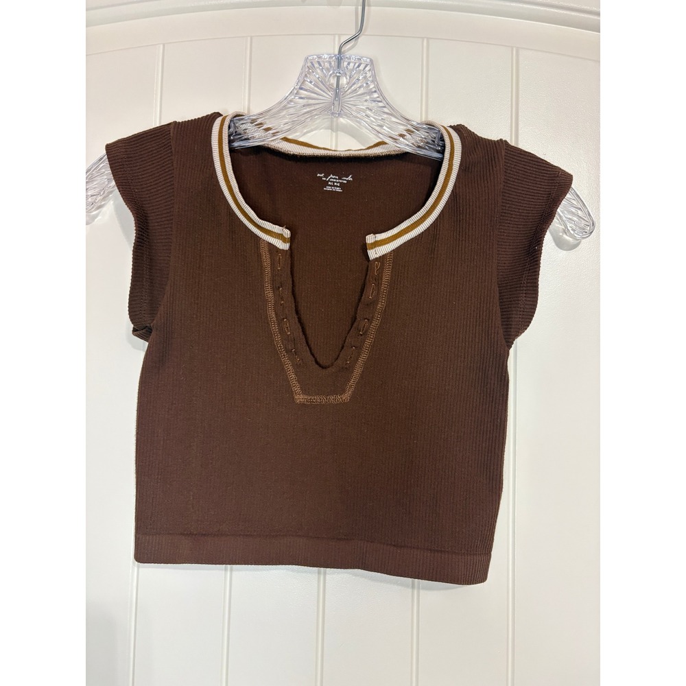 Out From Under Urban Outfitters Brown Ribbed Deep V Crop Top M/L Festival Retro - Picture 2 of 7